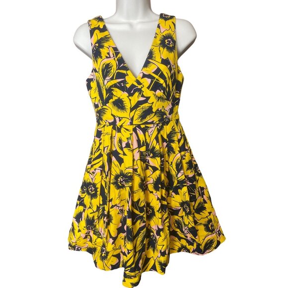 J. Crew Womens Floral Yellow & Black Dress 0P Fit and Flare Vibrant Elegant - Picture 1 of 11